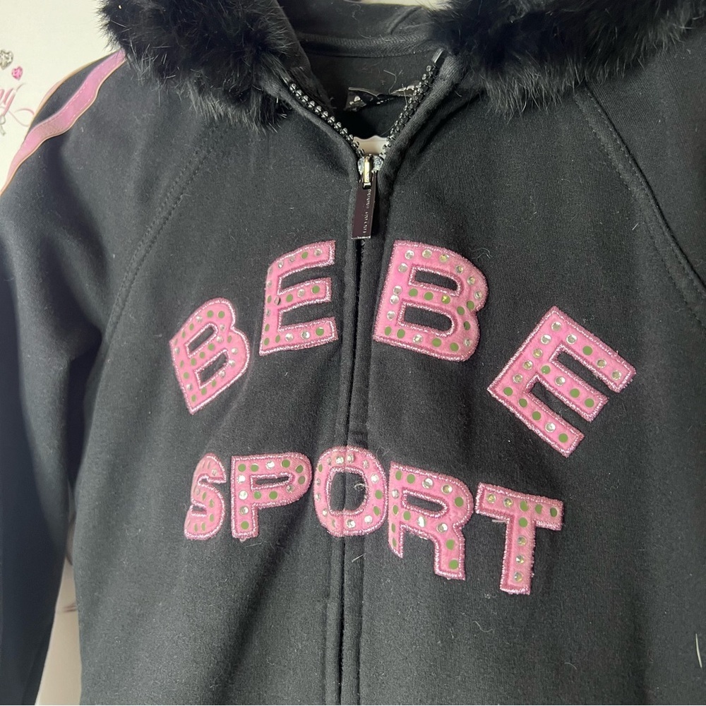 bebe set sweater pants striped rabbit fur hood trim Black Pink Track Pants - Picture 9 of 13